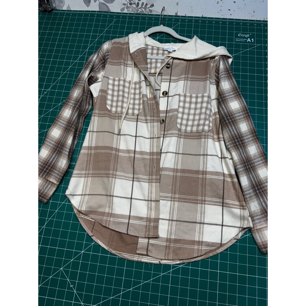 Grace & Lace Women Plaid Hooded Button Down Shirt Brown Cream Shacket Size S